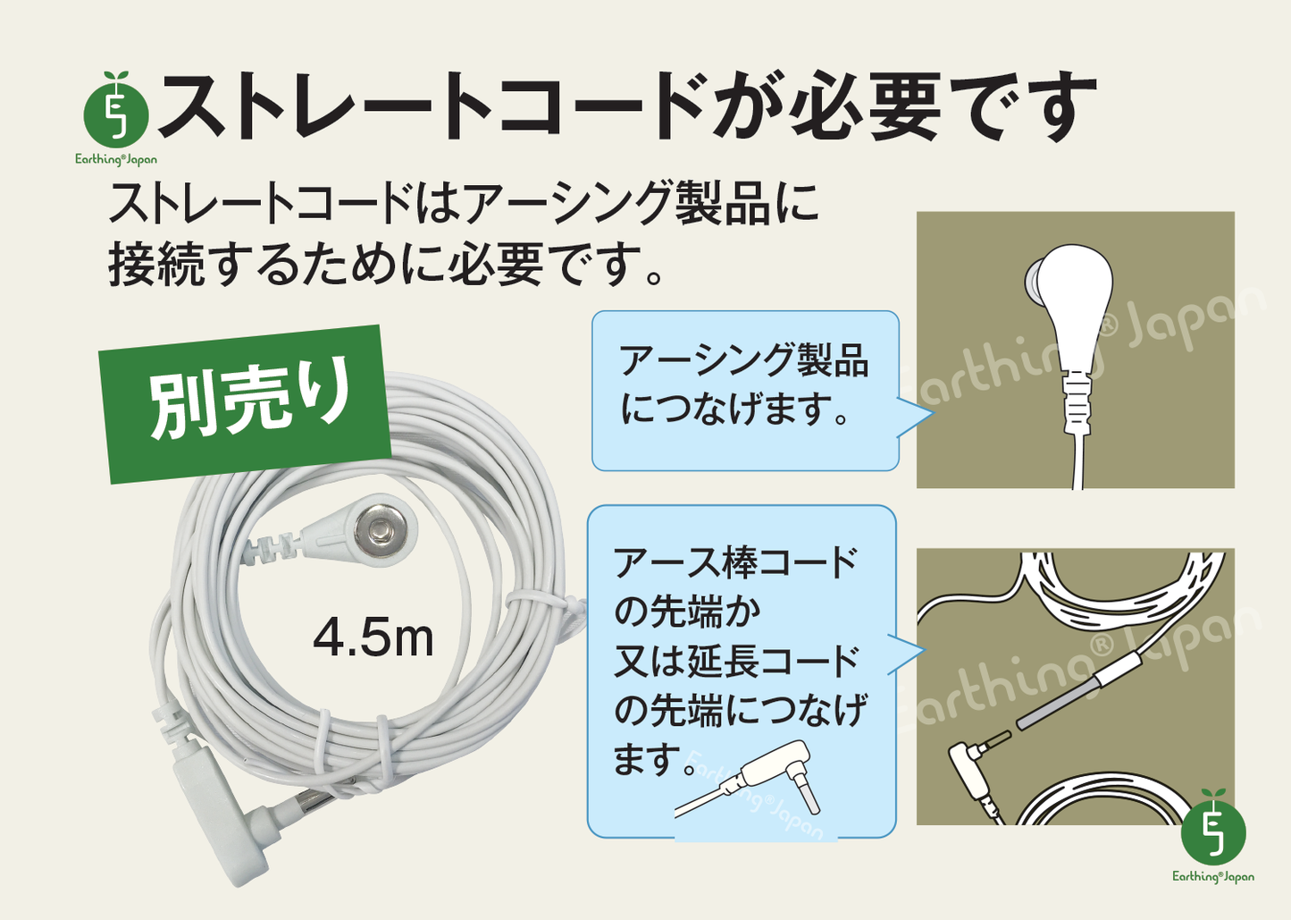 健康ヘルスに、地面に直接さしてアーシング・アース棒コード付３ｍ（EJ製） - アーシング